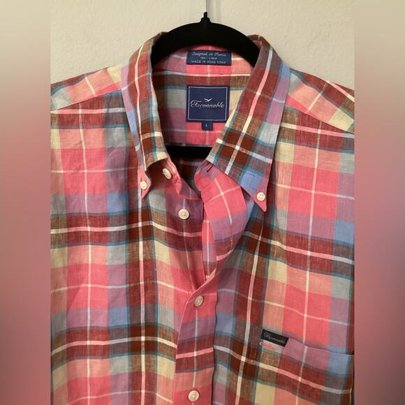 Faconnable Men’s Large Linen Pink Plaid Button Down Shirt in Preloved Condition - Picture 3 of 11